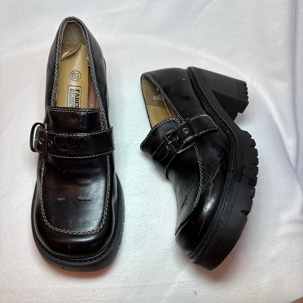 Faded Glory Vintage 90s Chunky Platform Loafers Black Buckle Lug Sole 6.5
